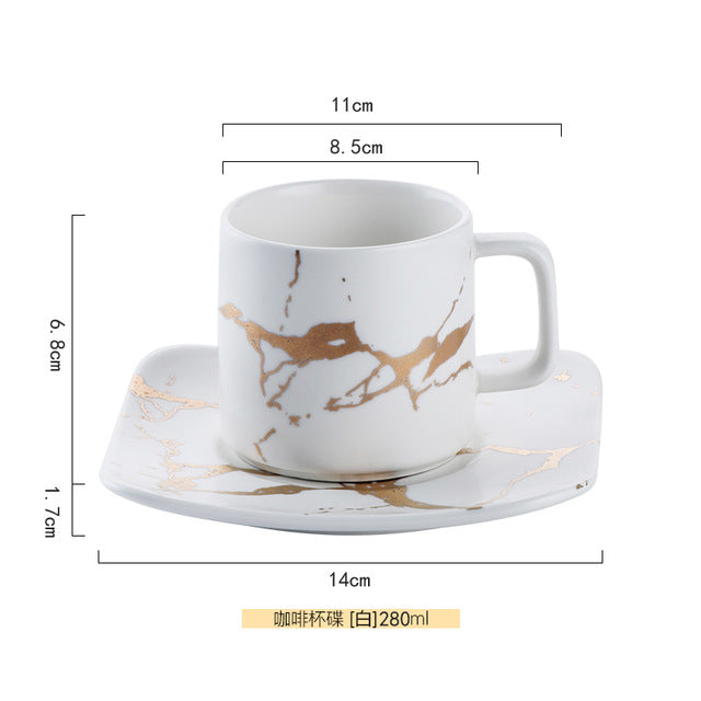 Nordic Style Marble Matte Gold Series Ceramic Tea Cup Coffee Mug with Wooden Tray Saucer Creative Gift Couple Cup 120-320ML